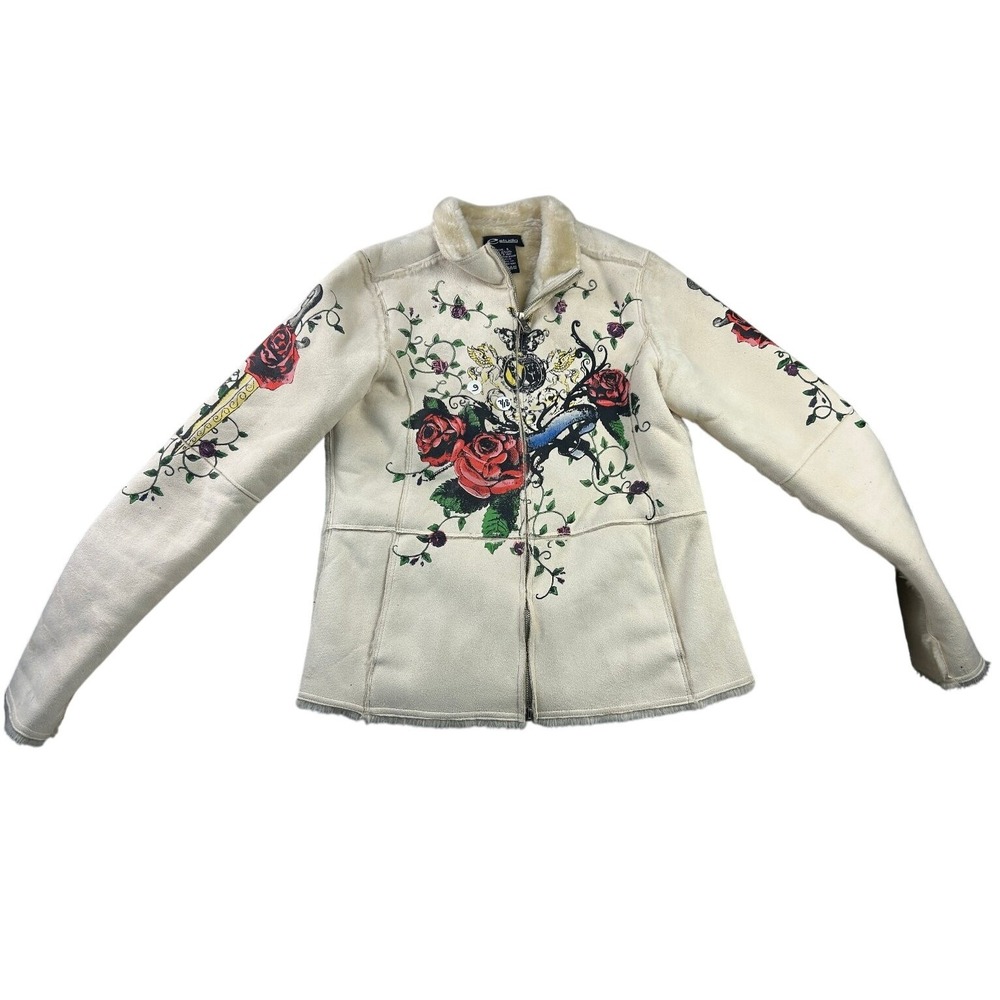 eStudio Tattoo Art Rose Dagger Faux Fur Lined Zip Jacket Small Cream Y2K Grunge
